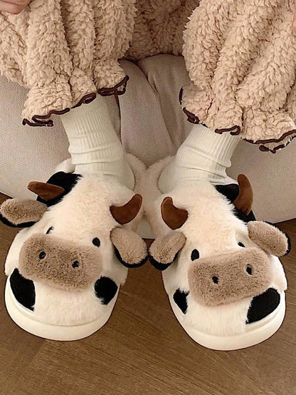 Cow Pattern Plush Slippers Winter Warm Non-Slip Cozy Cute Home Couples Men