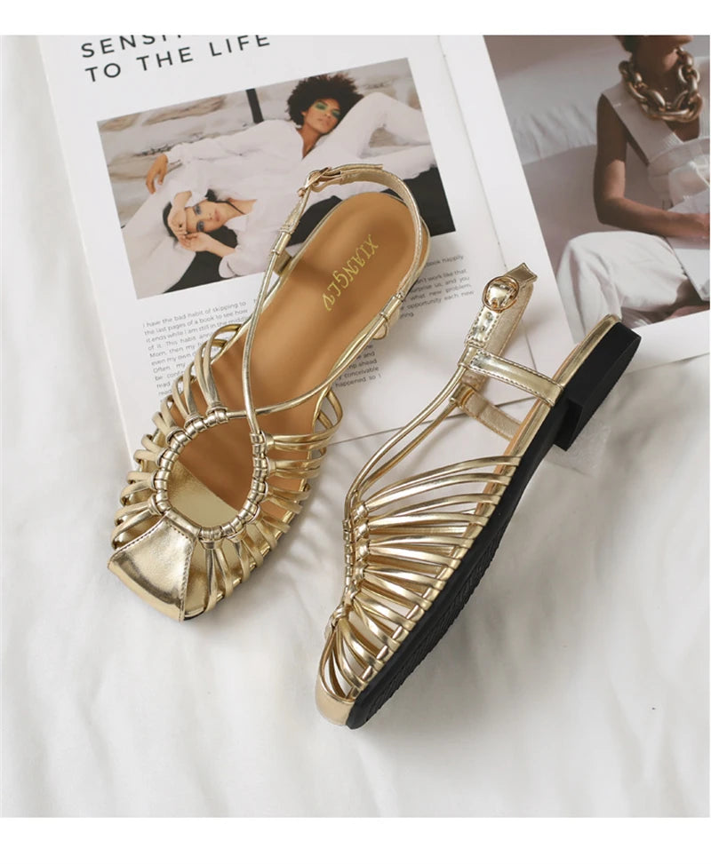 Women's Flat Roman Cage Sandals – Narrow Strap Square Toe