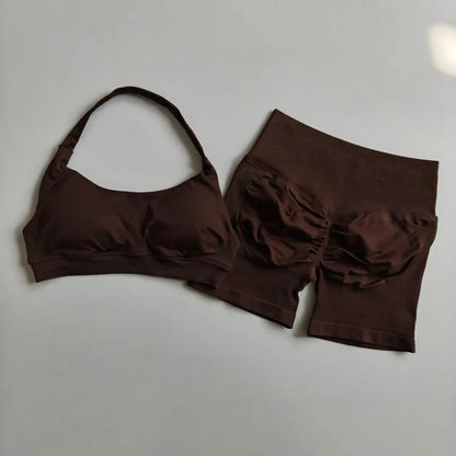 Women's Halter Neck Sports Bra & Scrunch Butt Shorts Set – 2-Piece Activewear