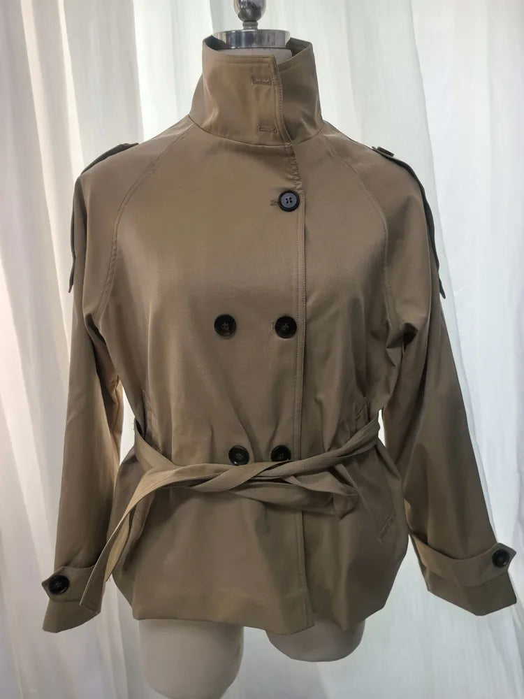 Cropped Trench Coat for Women – Belted Double Breasted