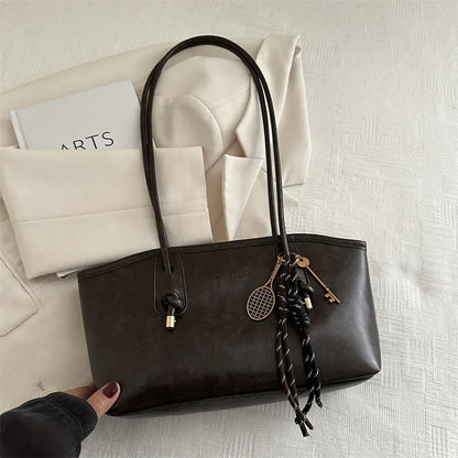 Large Capacity Tote Bag – Retro Leather Shoulder Handbag with Charm Pendant