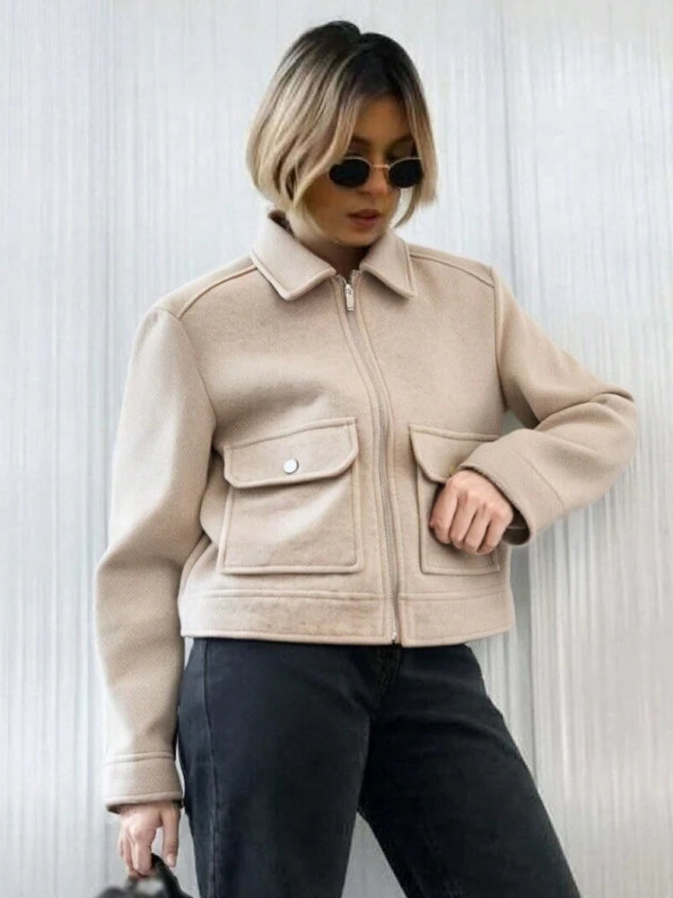 Women's Cropped Zip-Up Jacket – Short Elegant Coat with Pockets