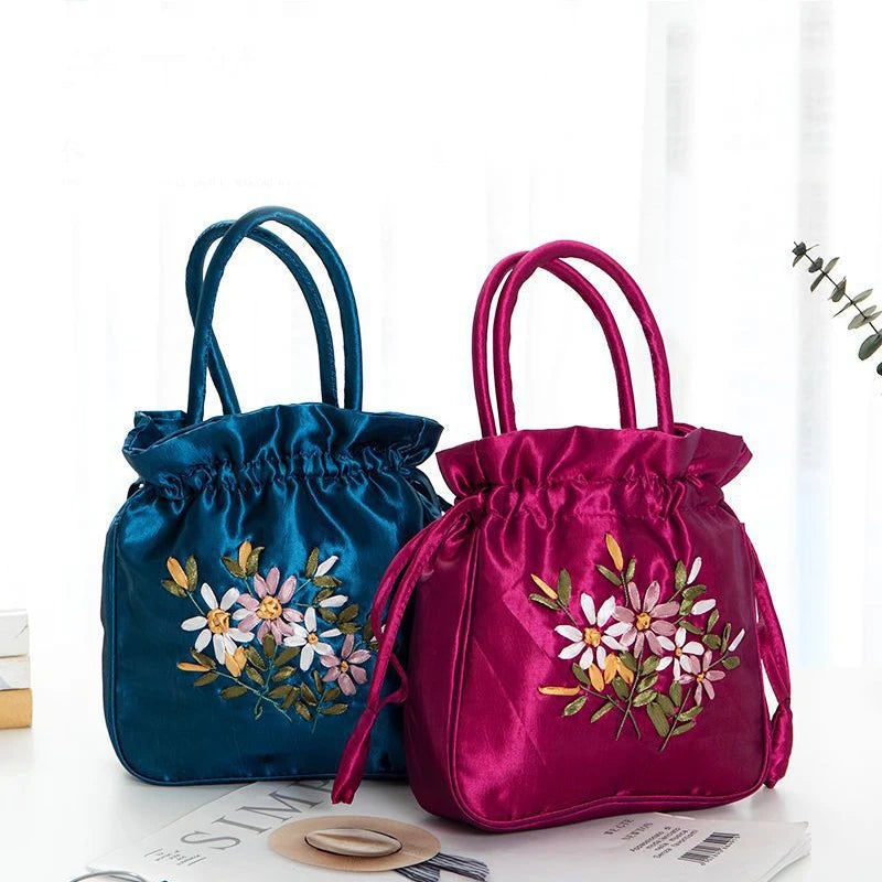 Women's Embroidered Bucket Bag – Floral Top Handle Purse