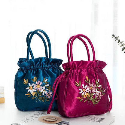 Women's Embroidered Bucket Bag – Floral Top Handle Purse