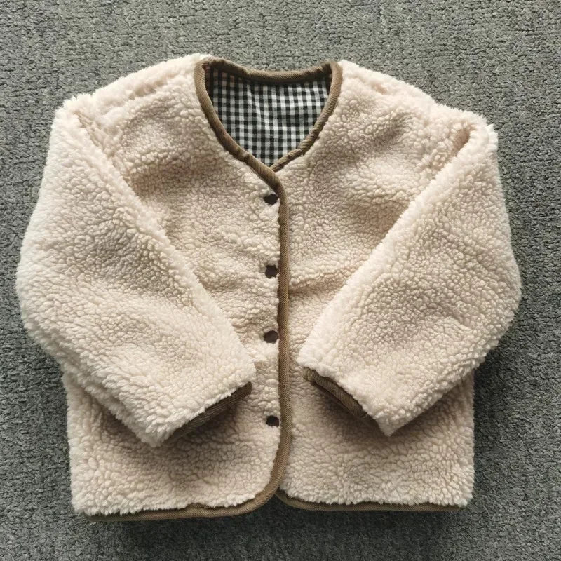 Kids Reversible Plush Jacket – Warm Plaid Sherpa Fleece Coat