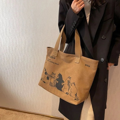 Canvas Tote Bag for Women – Cute Cat Print Shoulder Bag with Zipper