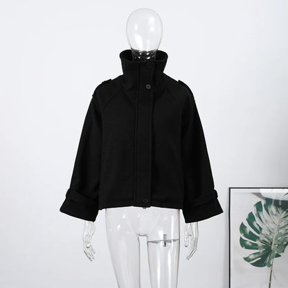 Women's Short Woolen Coat – Stand Collar Zip Jacket