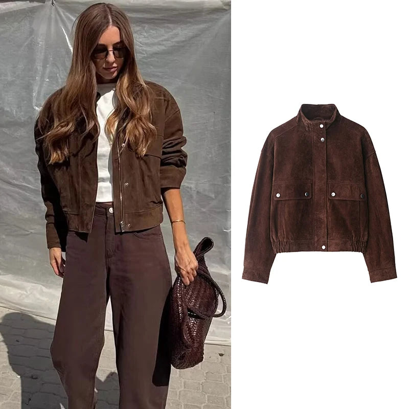 Women's Suede Bomber Jacket Elegant Slim Fit with Big Pockets