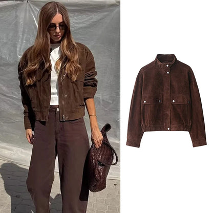 Women's Suede Bomber Jacket Elegant Slim Fit with Big Pockets