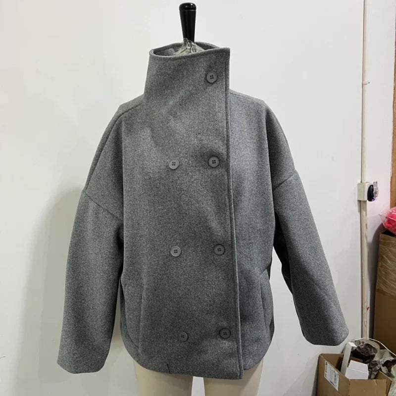 Women's Short Woolen Coat – Stand Collar Zip Jacket