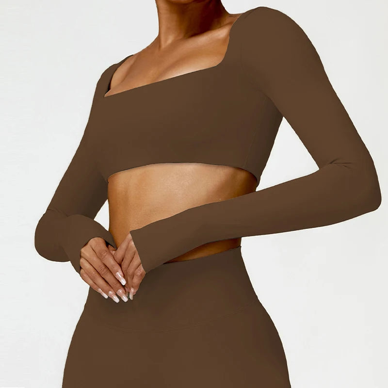 Women's Square Neck Long Sleeve Crop Top – Quick Dry Gym Sports Top