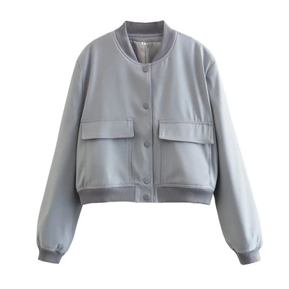 Women's Cropped Bomber Jacket with Pockets – Single Breasted