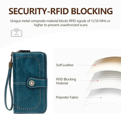 RFID Blocking Leather Long Wallet – Large Capacity Zipper Clutch