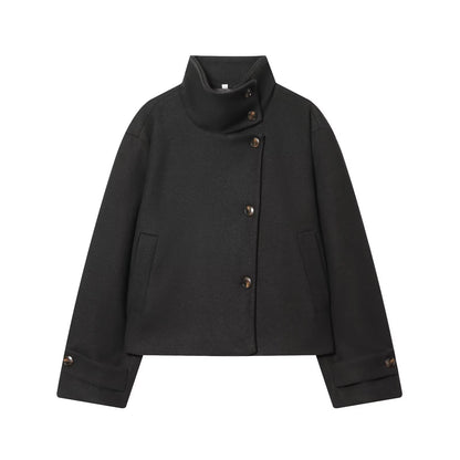Women's Stand Collar Button Wool Blend Short Coat – Loose Casual Winter Jacket