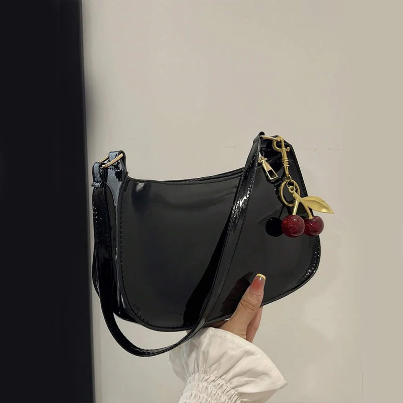 PU Leather Shoulder Bag with Cherry Pendant – Women's Casual Handbag