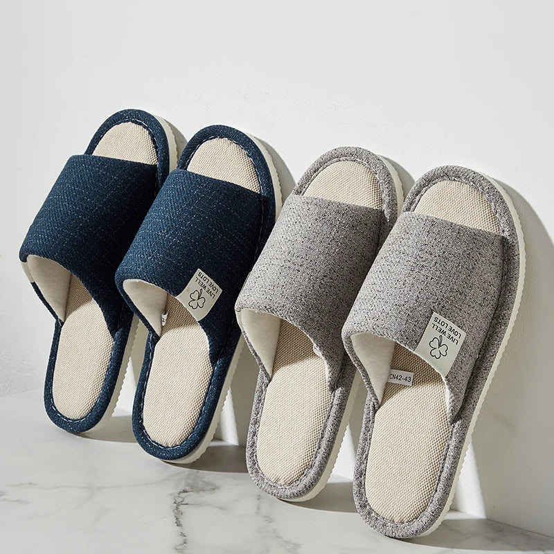 Linen Open-Toe Home Slippers – Breathable Bedroom Shoes for Men & Women
