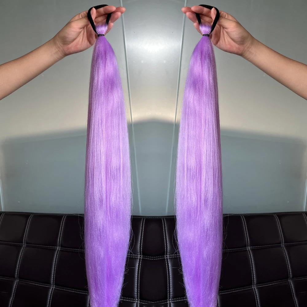 Synthetic Colorful Ponytail Extension 2pcs Long Straight Diy Braided Pony Tail Hairpiece Rubber Band