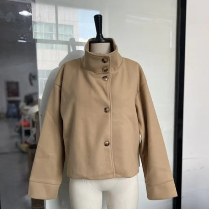 Women's Short Woolen Coat – Stand Collar Zip Jacket