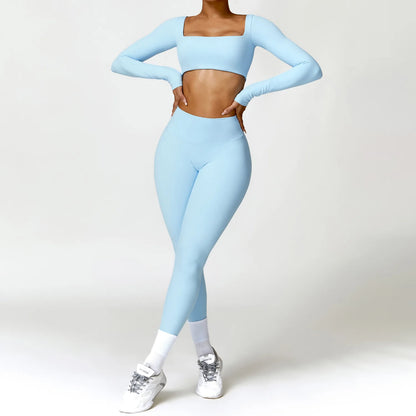 Women's 2-Piece Yoga Set – Long Sleeve Crop Top & Shorts