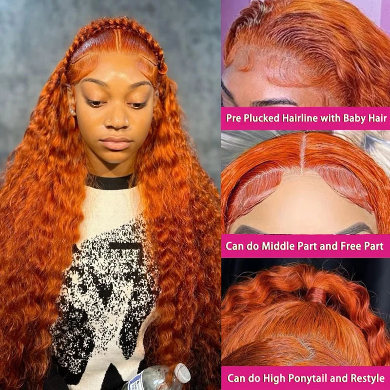 Water Wave Ginger Lace Front Wigs Human Hair 13x4 13x6 350 Colored 100 Brazilian Deep Curly Orange