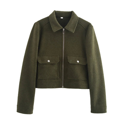 Women's Cropped Zip-Up Jacket – Short Elegant Coat with Pockets