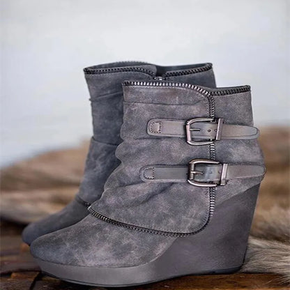 Women's Wedge Ankle Boots Retro Buckle Platform Chunky Heel Zip-Up