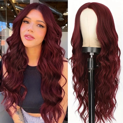 Long Wavy Synthetic Wig with Bangs – Heat Resistant Fiber