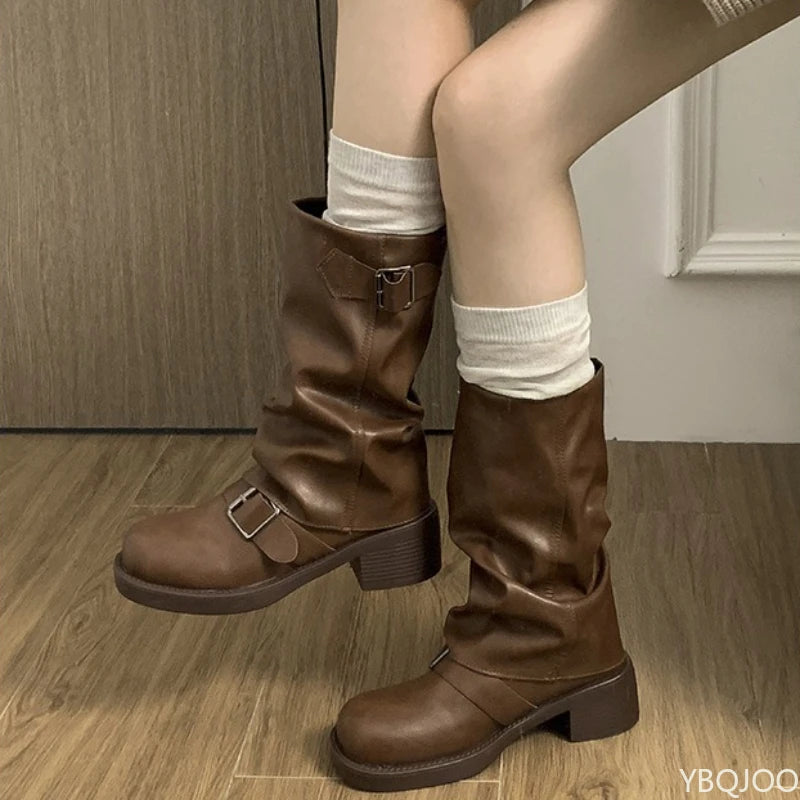 Women's Retro Western Cowboy Boots – Block Heel Buckle Mid-Calf