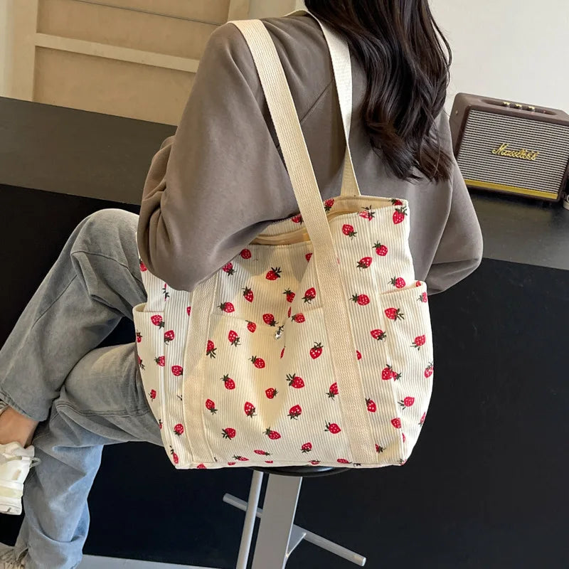 Corduroy Strawberry Print Tote Bag – Cute Shoulder Bag