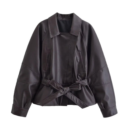 Women's Faux Leather Jacket with Belt – Short Moto Coat