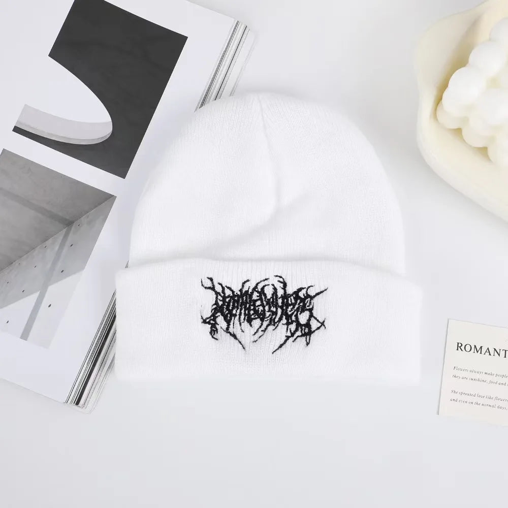 Gothic Embroidered Knit Beanie – Hip Hop Street Style Cuffed Hat