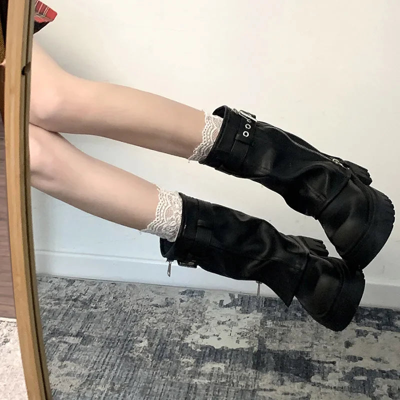 Women's Platform Biker Boots – Buckle Strap Mid-Calf Booties