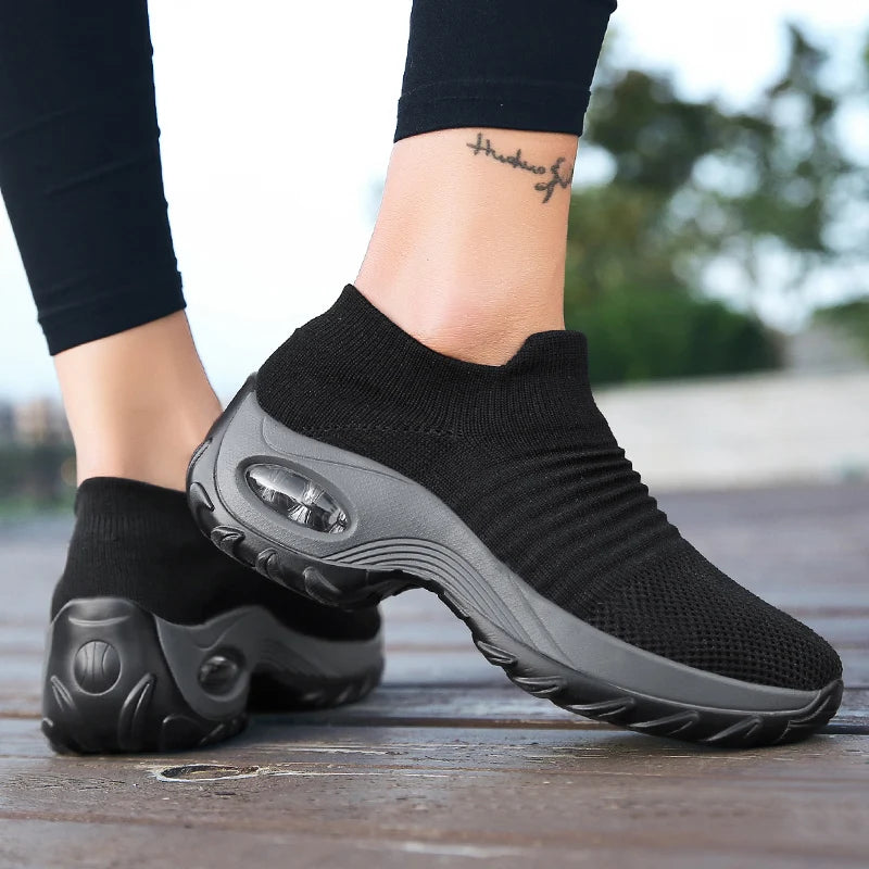 Women's Slip-On Platform Sneakers – Breathable Knit Walking Shoes