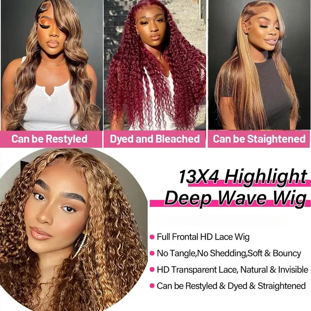 Highlight Curly Wig 13x4 Lace Front Human Hair Wigs Glueless Hd Deep Wave Frontal 4