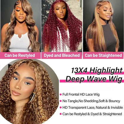 Highlight Curly Wig 13x4 Lace Front Human Hair Wigs Glueless Hd Deep Wave Frontal 4