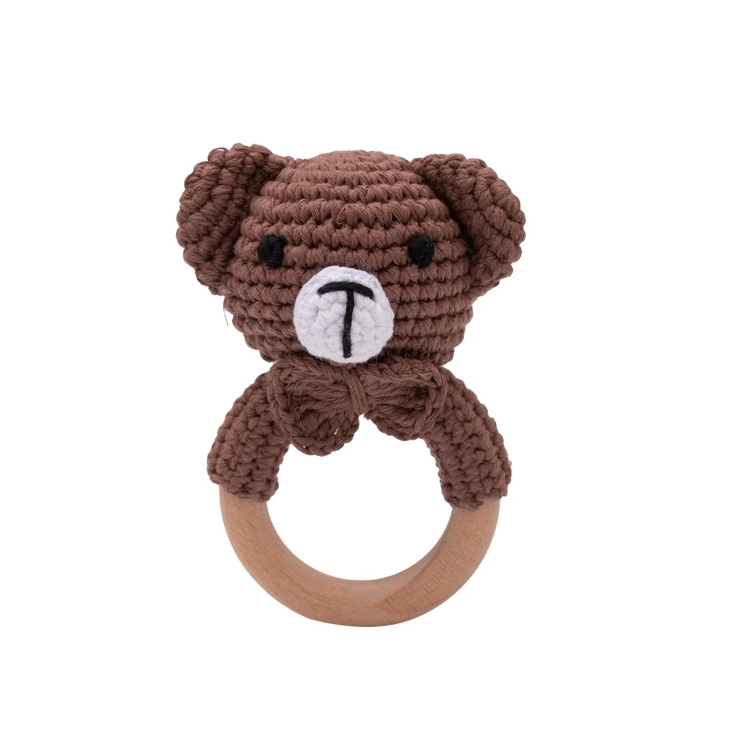 Baby Crochet Rattle & Wooden Teether Toy – BPA-Free Animal Ring