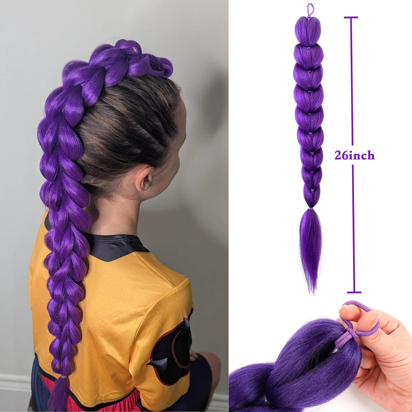 Purple 26inch Braid Clip Ponytail Hair Extension Long Hairpieces Cosplay Kids Girl Halloween