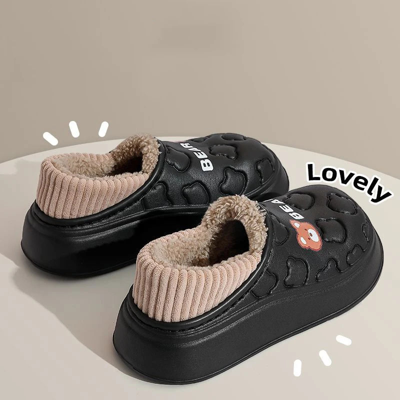 Waterproof Cotton Slippers Women Men Winter Outdoor Indoor Home Plush Warm Thick Sole Anti Slip