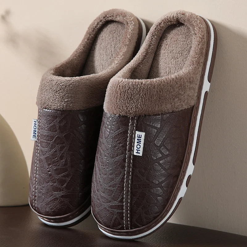 Men's Waterproof Fur-Lined Winter Slippers – PU Leather House Shoes