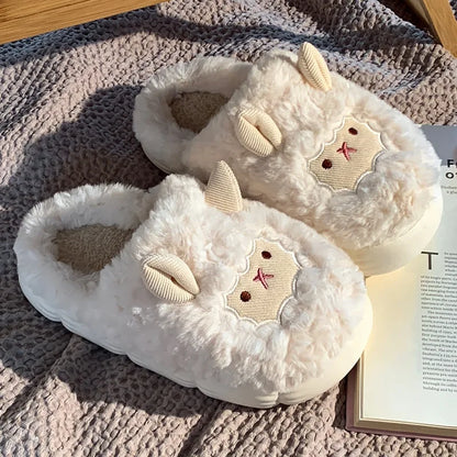 Winter Cartoon Plush Slippers Warm Fluffy Faux Fur Sheep Design Indoor Home Couple Cotton Men Women
