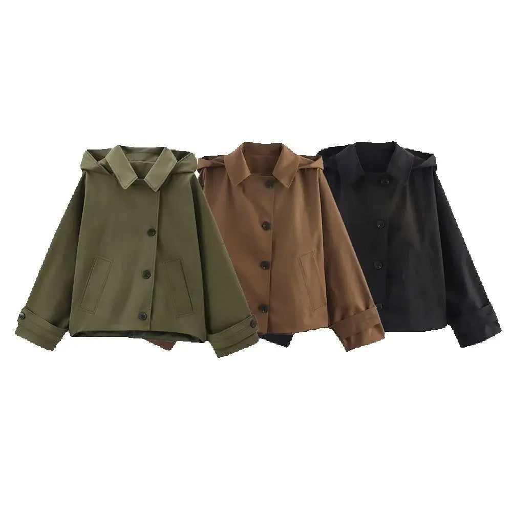 Women's Short Hooded Trench Coat Single-Breasted