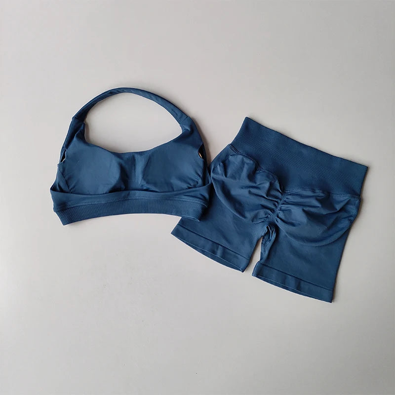 Women's Halter Neck Sports Bra & Scrunch Butt Shorts Set – 2-Piece Activewear