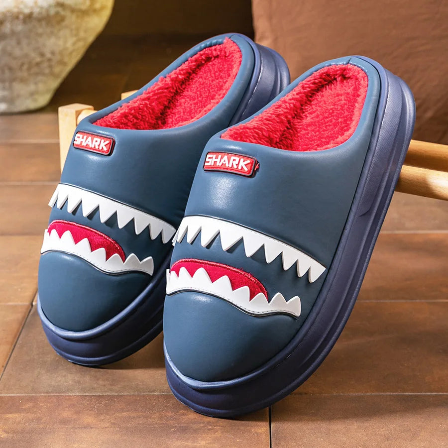 Shark Slippers Men's Platform House Shoes Warm Plush Lined EVA Non-Slip