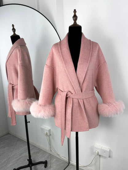 Women's Fox Fur Woolen Short Coat – Double-Sided Wool