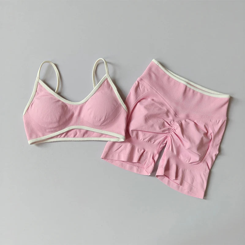 Seamless 2-Piece Yoga Set – Crop Top Sports Bra & High-Waist Shorts for Women