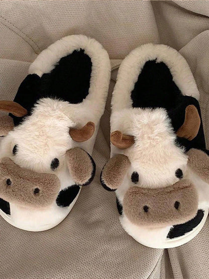 Cow Pattern Plush Slippers Winter Warm Non-Slip Cozy Cute Home Couples Men