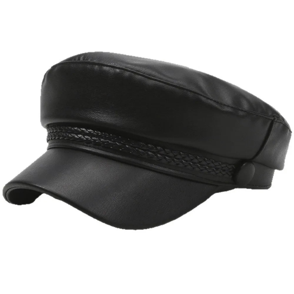 PU Leather Military Cap – Flat Top Sailor Beret with Chain Detail