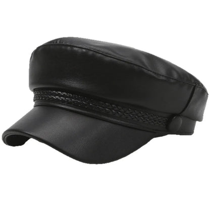 PU Leather Military Cap – Flat Top Sailor Beret with Chain Detail