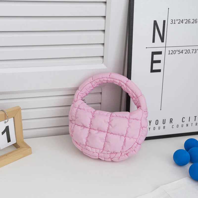 Candy Bag Mini Puffer Tote Quilted Circle Phone Purse Elegant Soft Nylon Padded Key Pouch Simple
