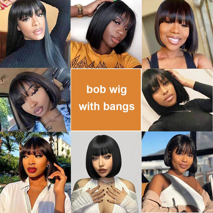 16 Inch Straight Bob Bangs Wig 3x1 Lace Human Hair Wigs 200 Density Short Natural Black Ready Wear
